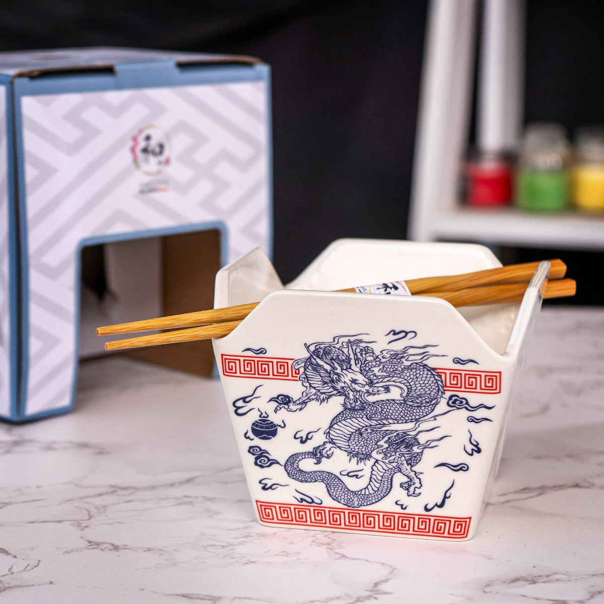 Dragon Takeout Box Ceramic Serving Bowl with Chopsticks (16 oz)