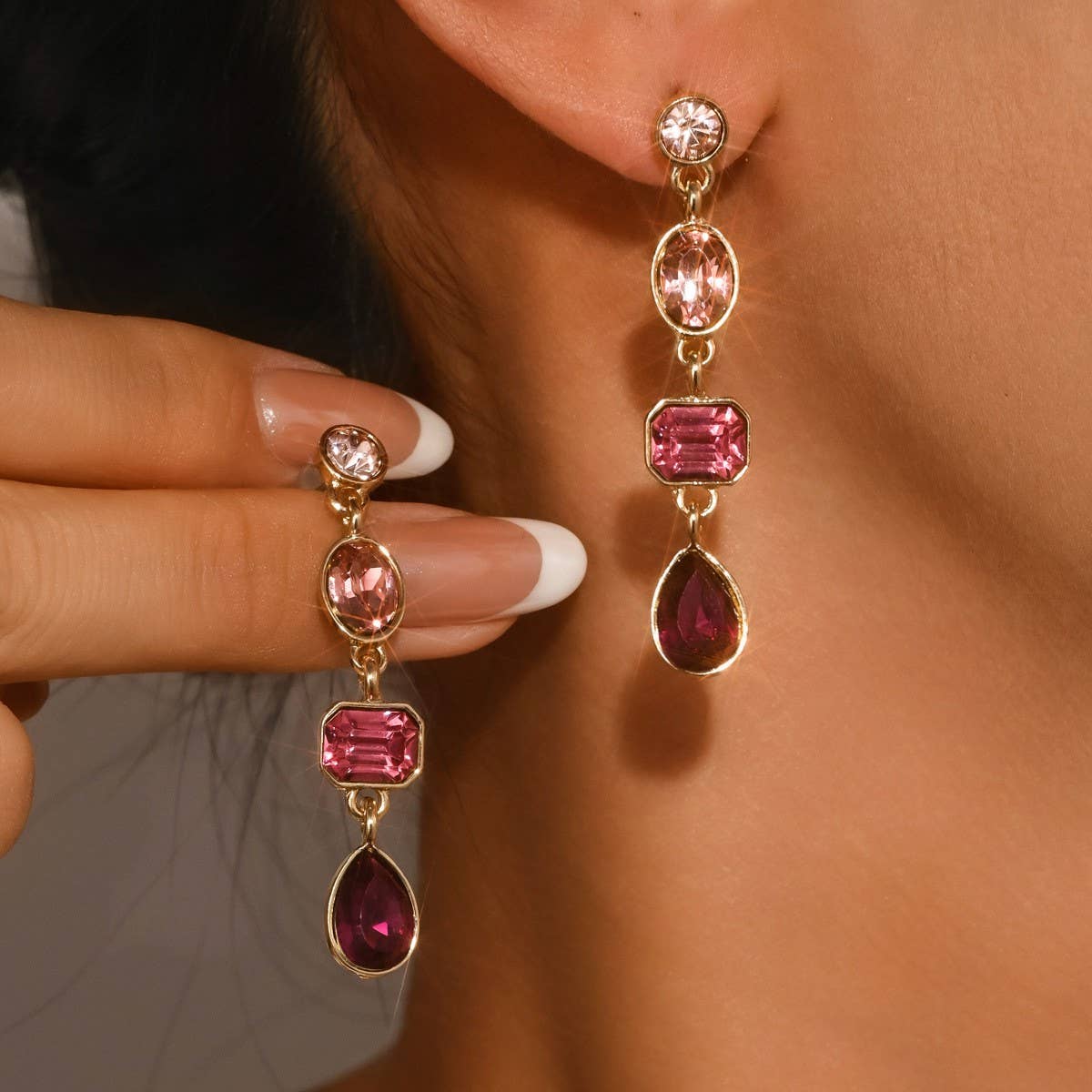 4 Tier Drop Layer Rhinestone Earrings EMERALD