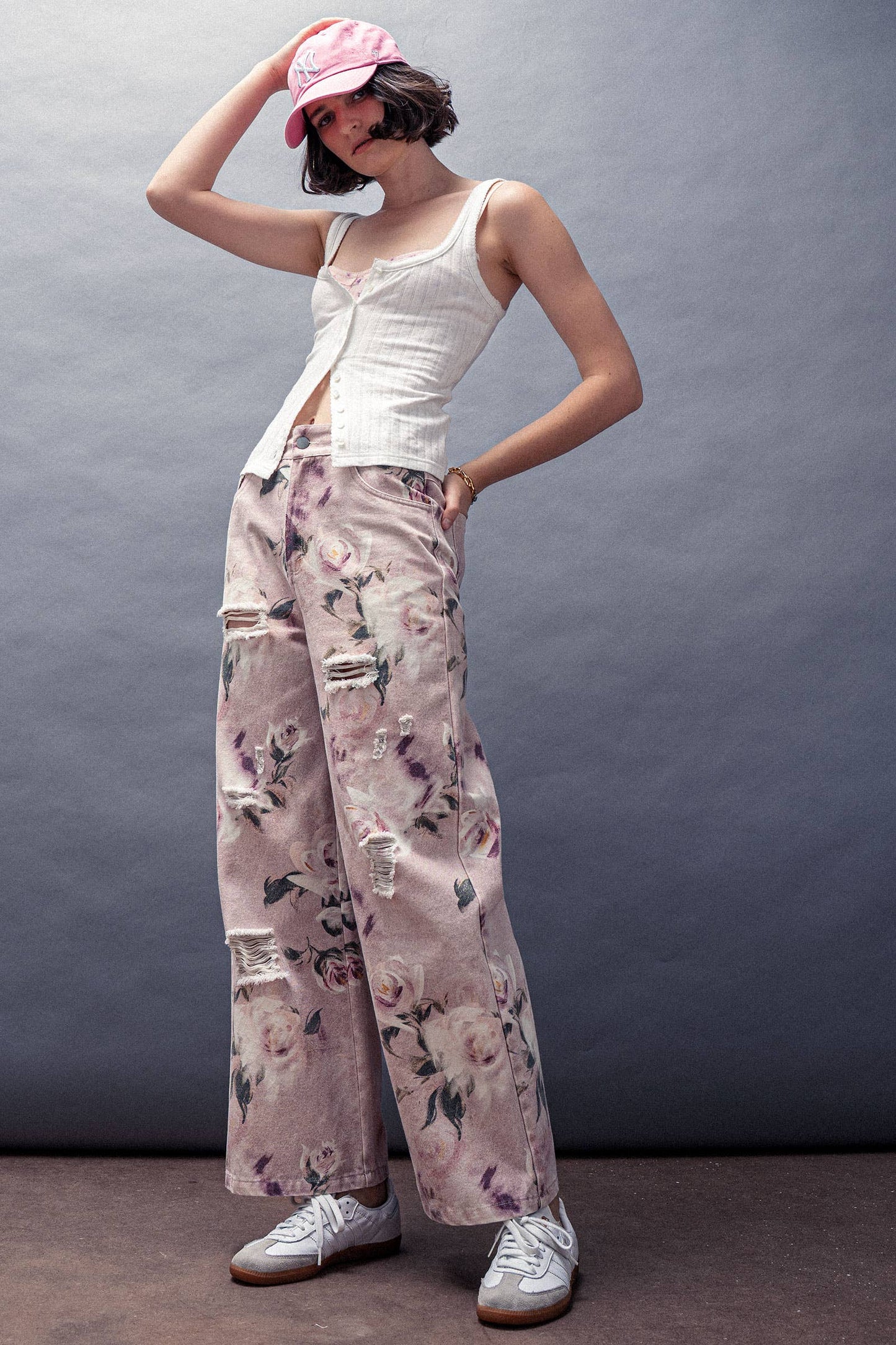 Rose Print High-Rise Denim Pants