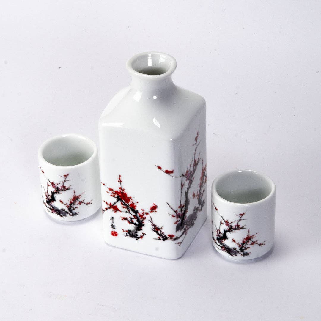 Cherry Blossom Porcelain Sake Gift Set with Bottle and 2 Cups