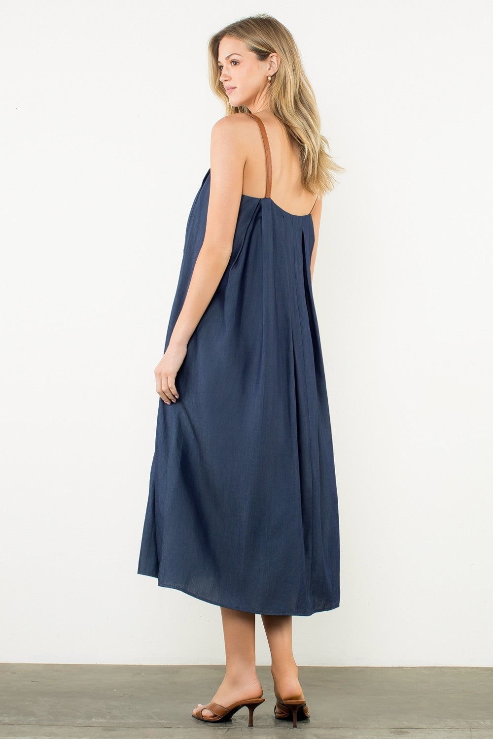 Denim Midi/Faux Leather Straps Dress