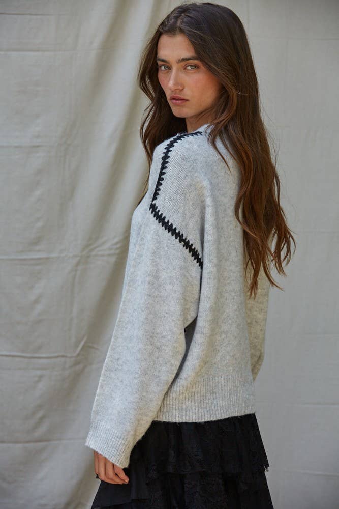 | Knit Sweater Stitch Detailed Crew Neck Pullover : Light Heather Grey