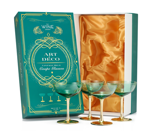 Gold & Green Coupe Art Deco Glasses, Gold | Set of 4 | 12 oz