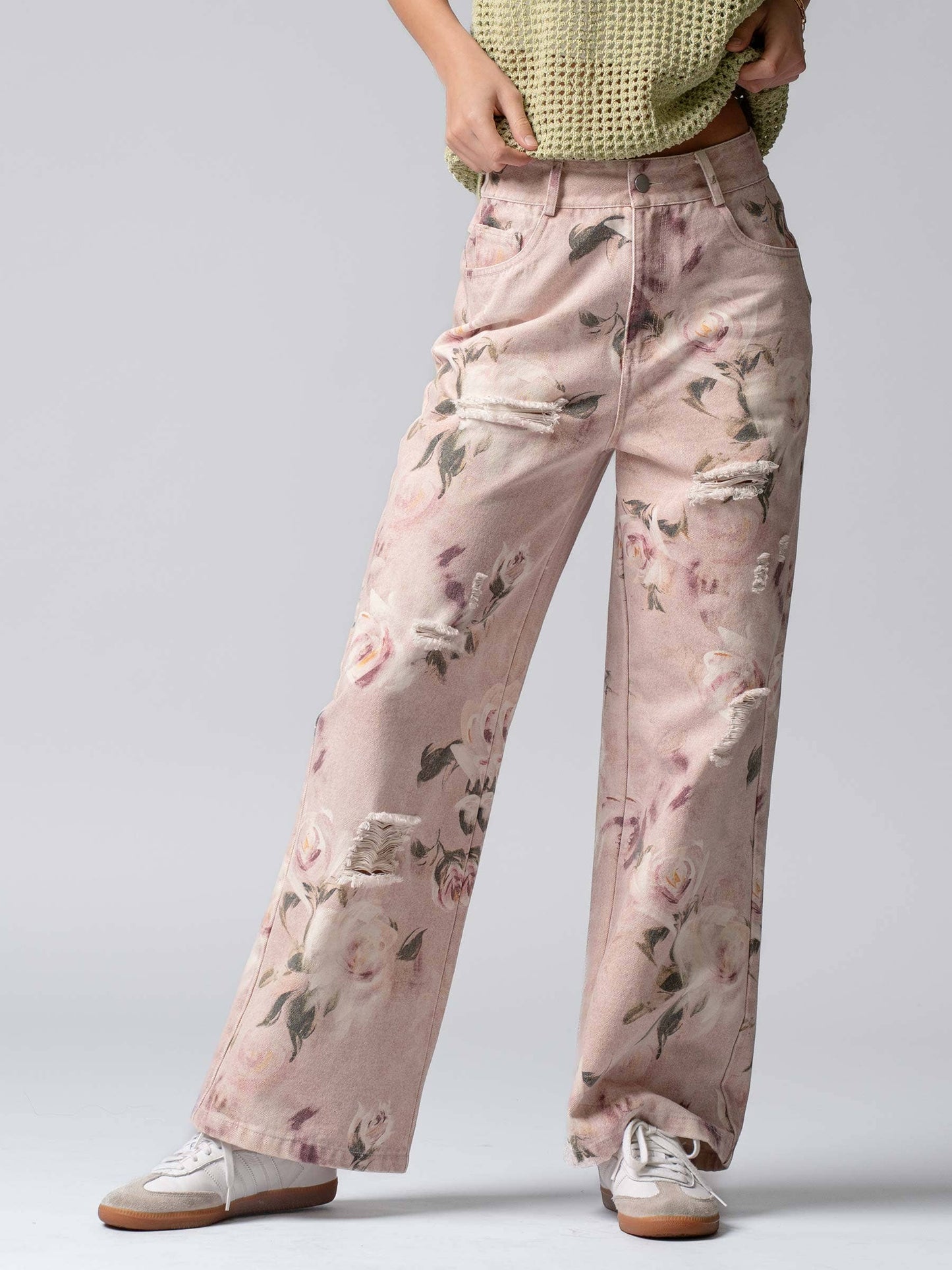 Rose Print High-Rise Denim Pants