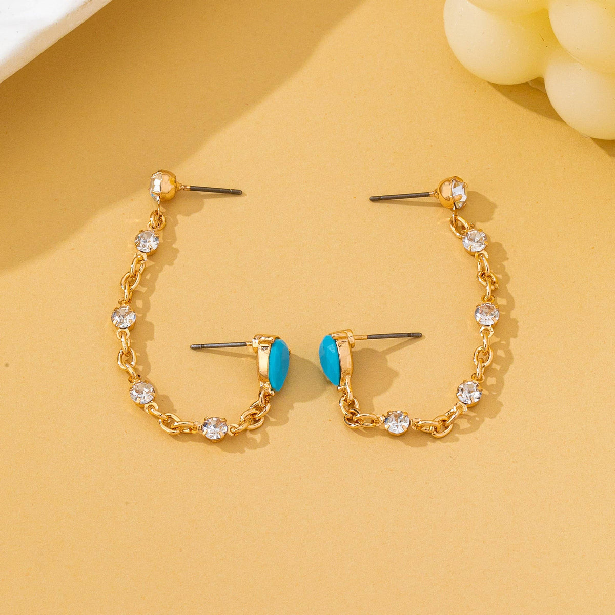 Turquoise Crystal Chain Loop Earrings GOLD