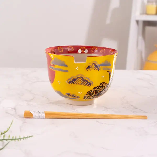 Japanese Crane Design 18oz 5.25"D Bowl With Chopsticks Set
