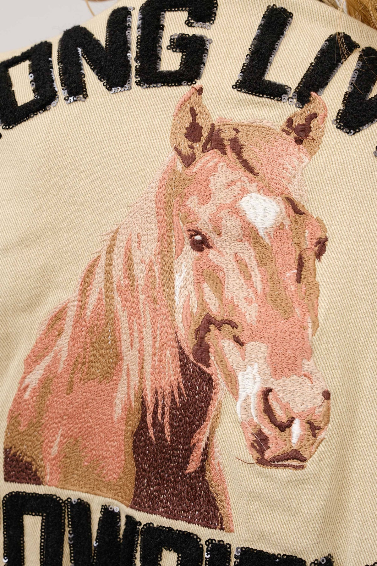 Long Live Cowgirls Patch Twill Denim Jacket: TAUPE