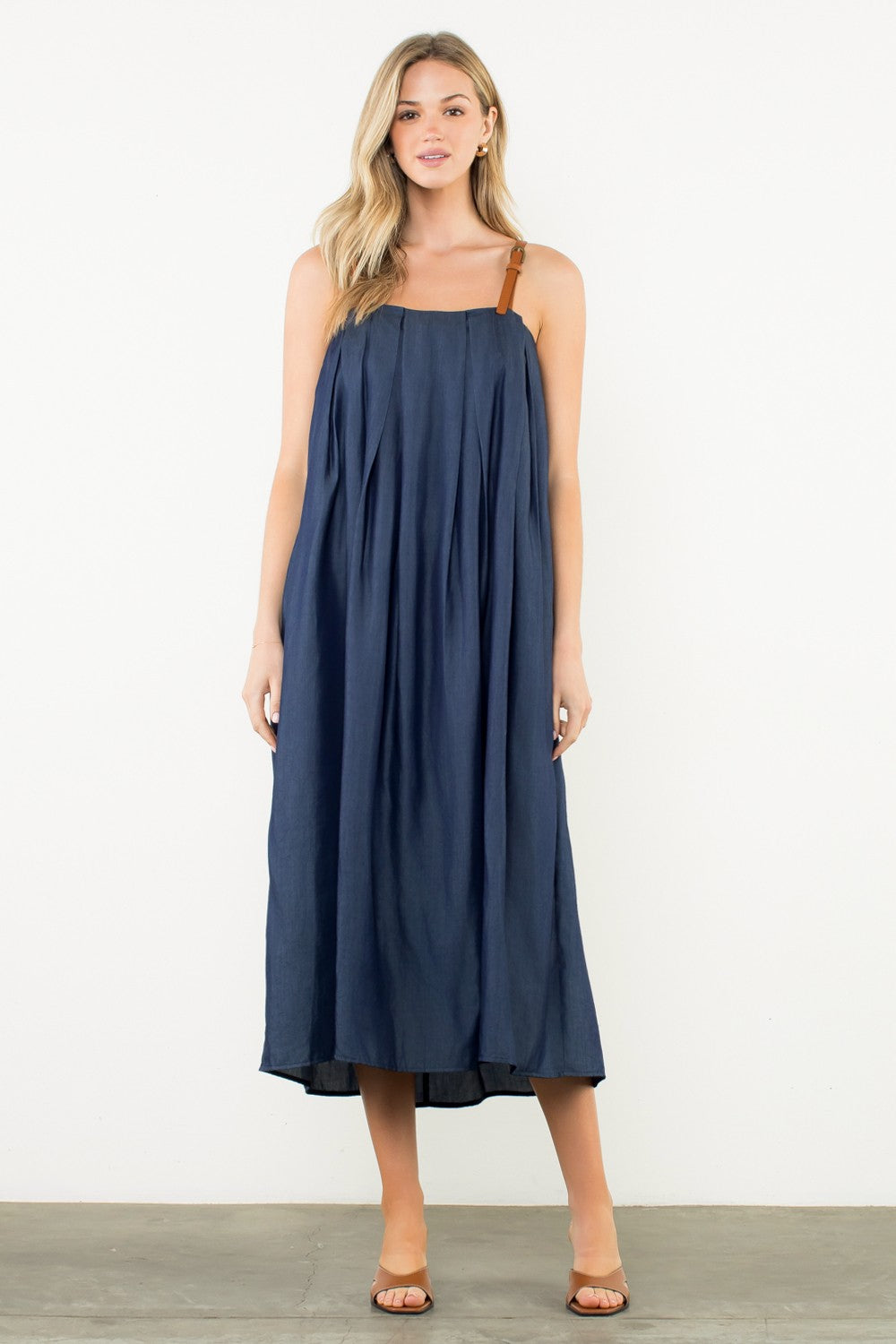 Denim Midi/Faux Leather Straps Dress