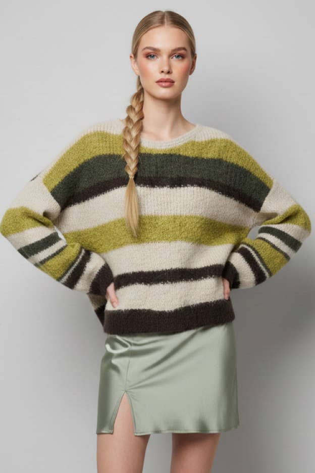 Brushed Stripe Knit Sweater in Multi Green
