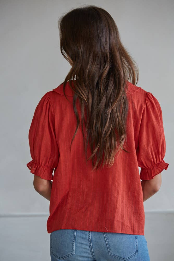 Woven Cotton Ruffle V-Neck Top | Cherry Red