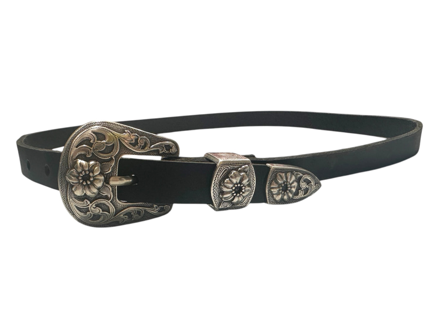 Black Leather Belt with flower buckle