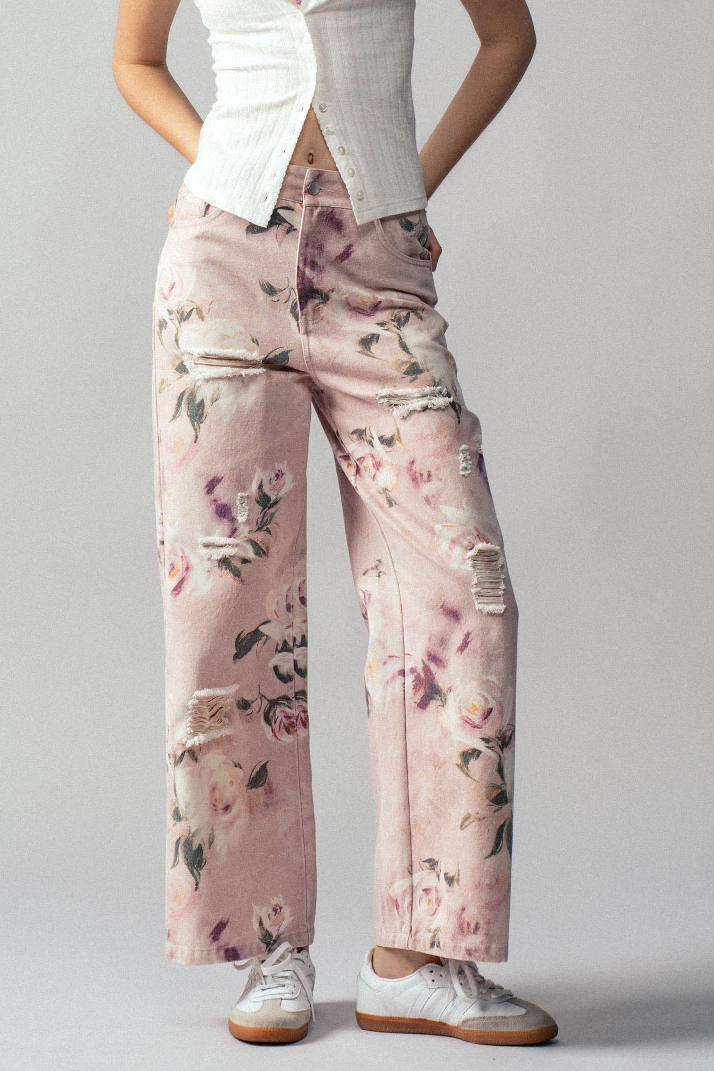 Rose Print High-Rise Denim Pants