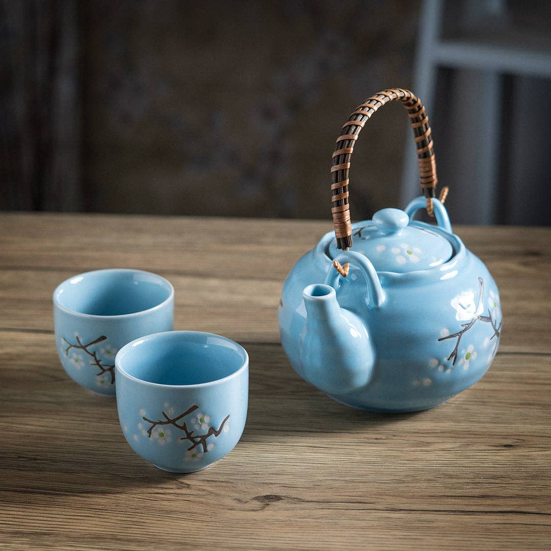 Blue Sakura Cherry Blossoms Tea Set 22oz Tea Pot with 2 Cups (1/12
