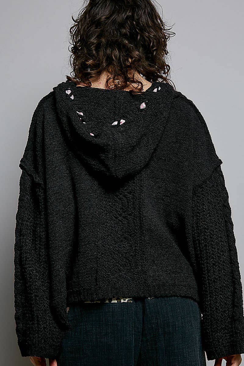 Oversize Fit V-neck Hooded Cable Knit Chenille Sweater  Black / L