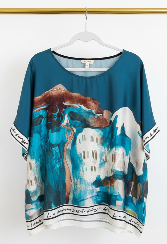 Relaxed Fit Italian Silk Top- Teal. O/S