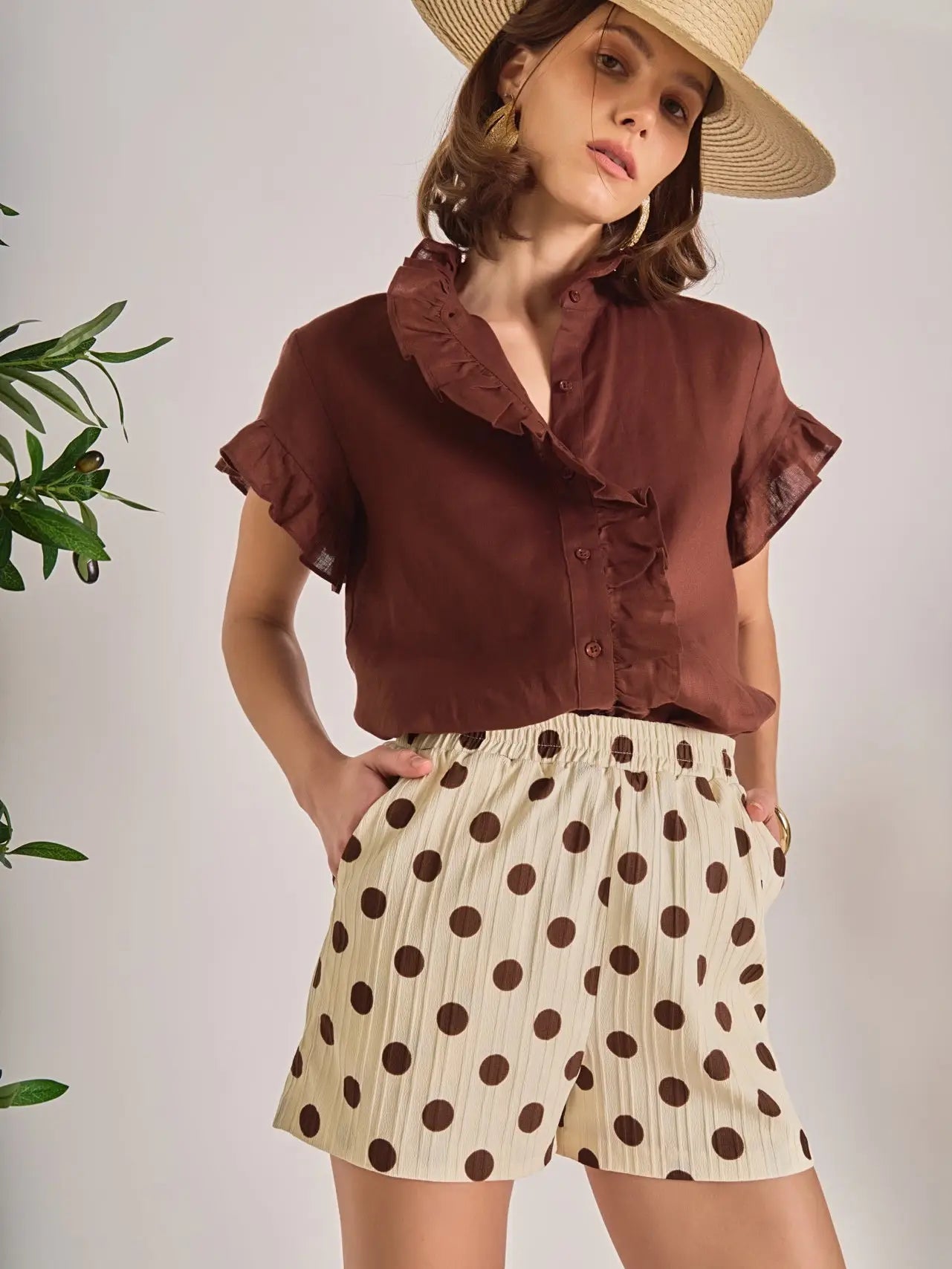 Ruffled Short Sleeve Chocolate
