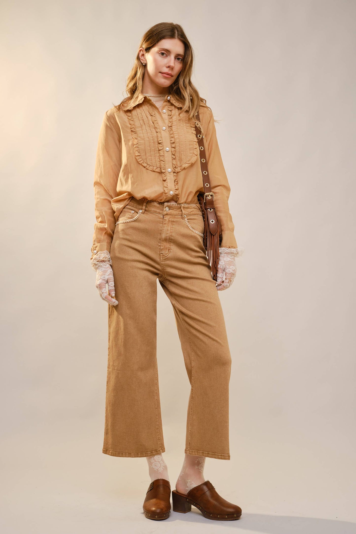 Ruffle Pleated Pearl Button Blouse