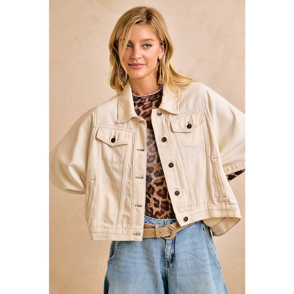 Preorder IVORY OVERSIZED CAPE SLEEVE CROPPED DENIM JACKET: IVORY