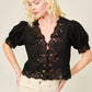 Lace Trim Puff Sleeve Button Blouse: BLACK