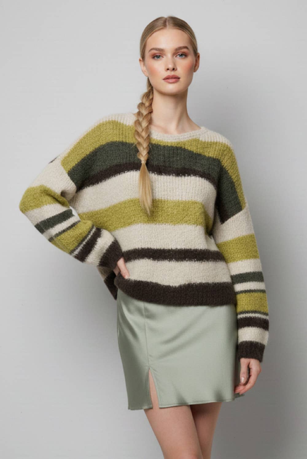 Brushed Stripe Knit Sweater in Multi Green