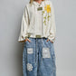 Floral Pearl Embroidered Gauze Patch Hoodie Chenille Sweater: POWDER CREAM / S