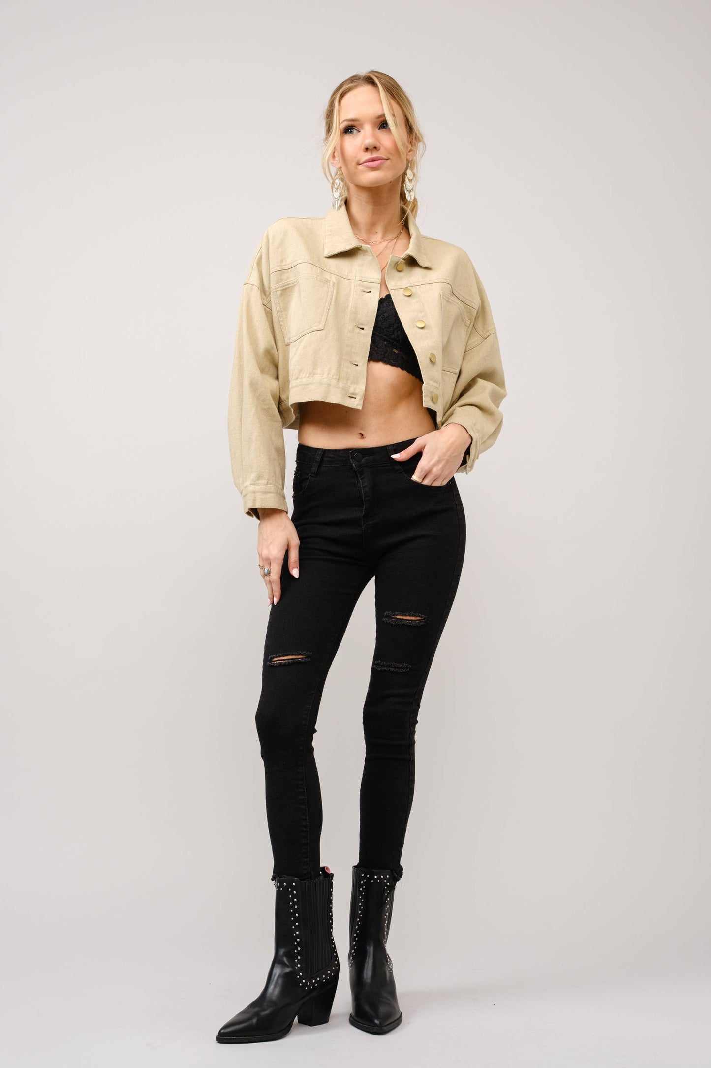 Long Live Cowgirls Patch Twill Denim Jacket: TAUPE