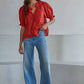 Woven Cotton Ruffle V-Neck Top | Cherry Red