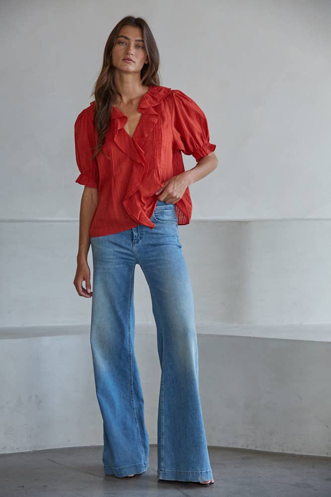 Woven Cotton Ruffle V-Neck Top | Cherry Red