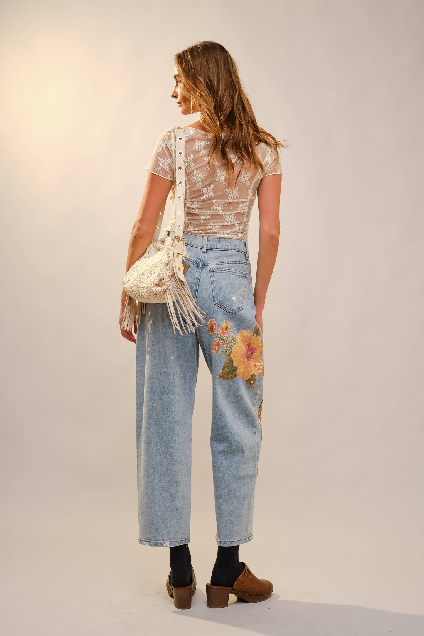 Flower Patch Barrel Leg Jean: LIGHT WASH