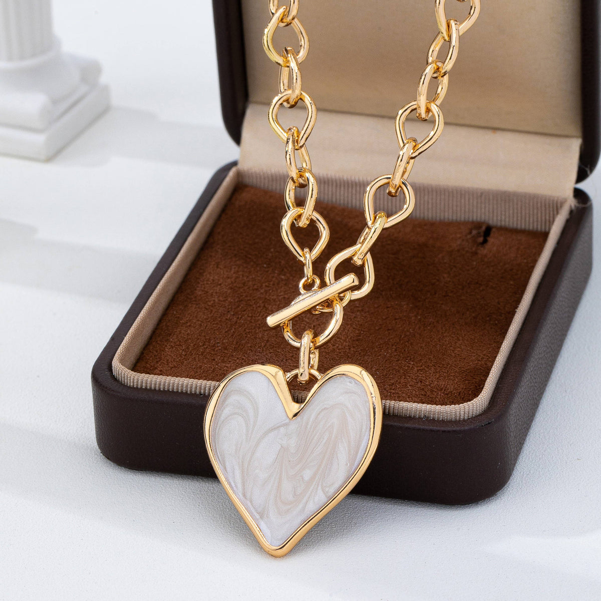 White Inlay Heart Toggle Necklace Gold