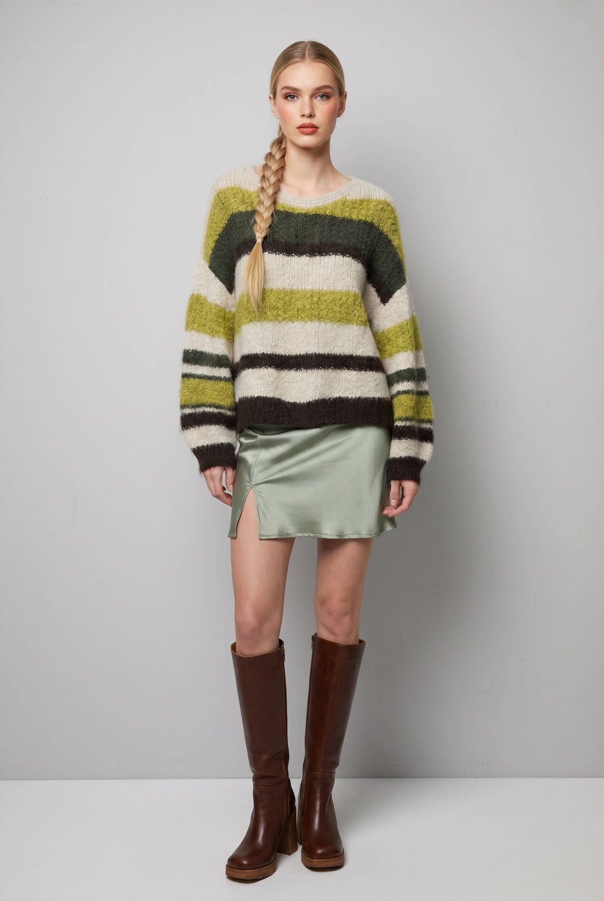 Brushed Stripe Knit Sweater in Multi Green