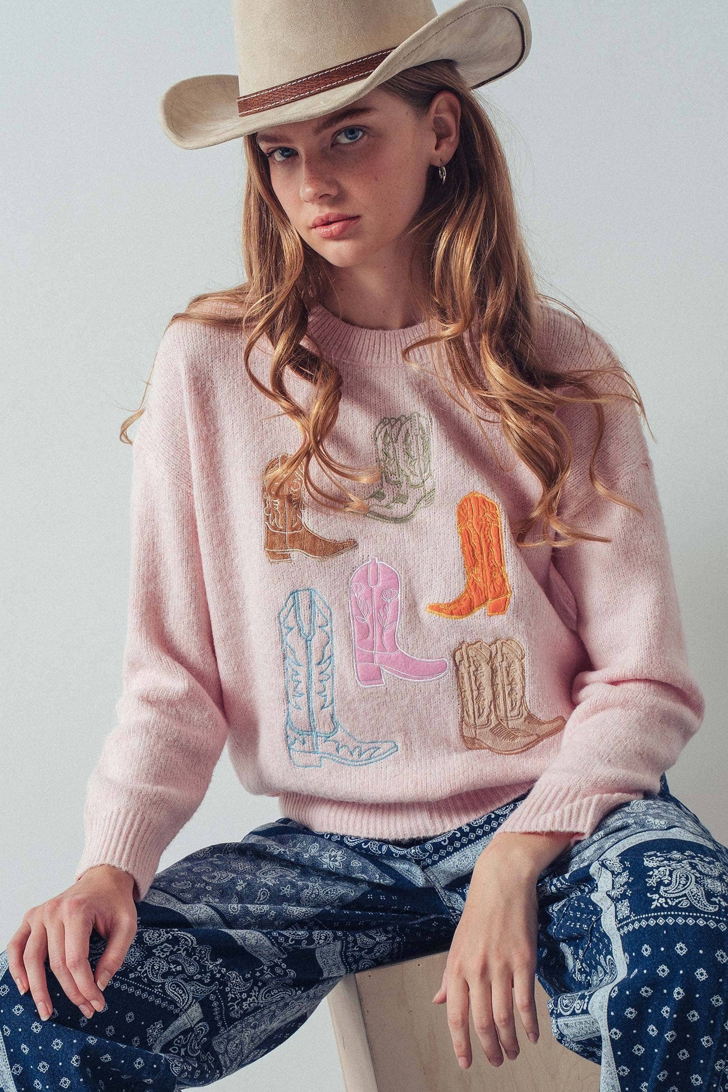 Western Embroidered Cowboy Boot Sweater