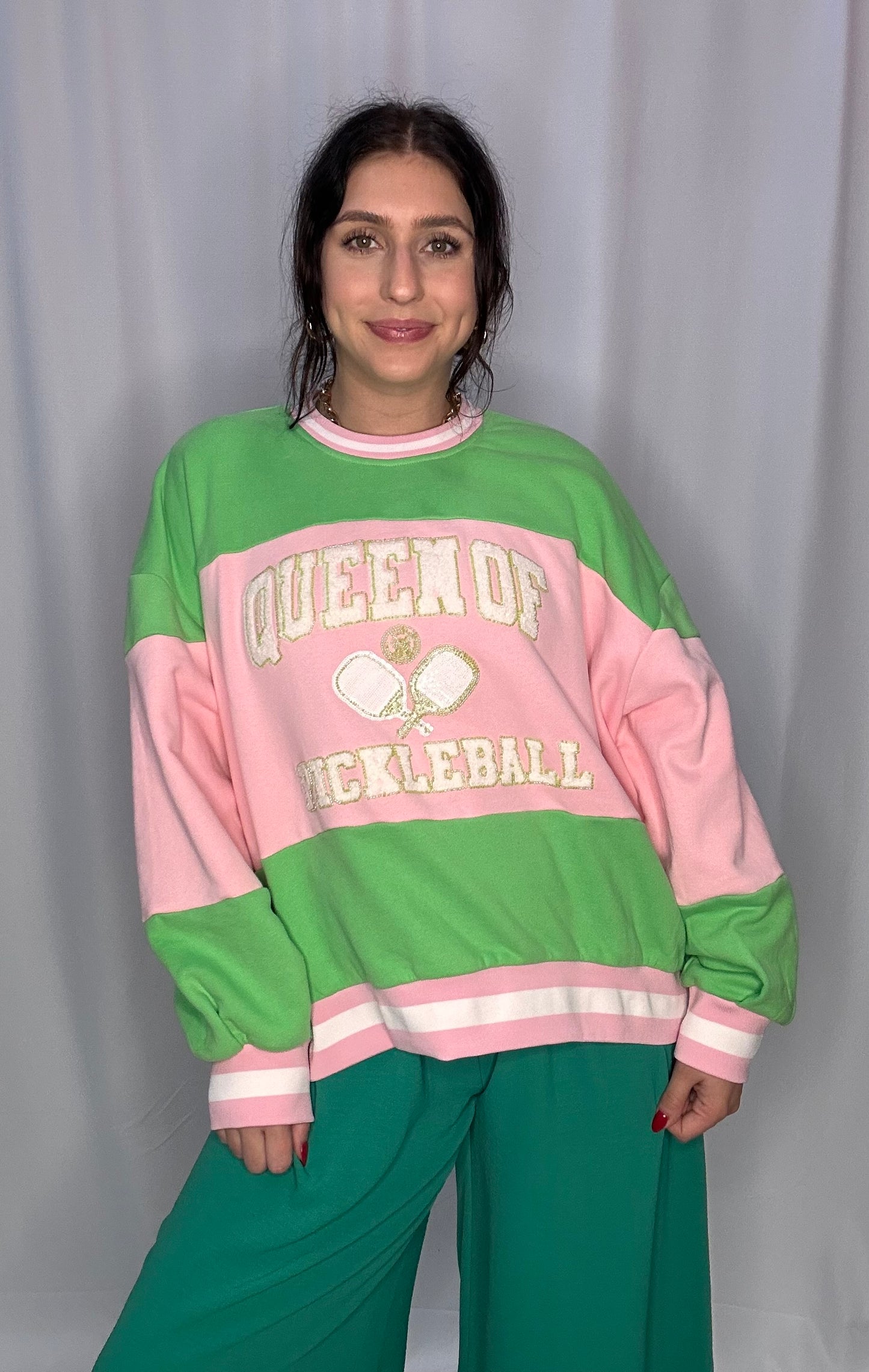 Queen of Sparkles Green and Pink Stripe Pickleball Sweatshirt