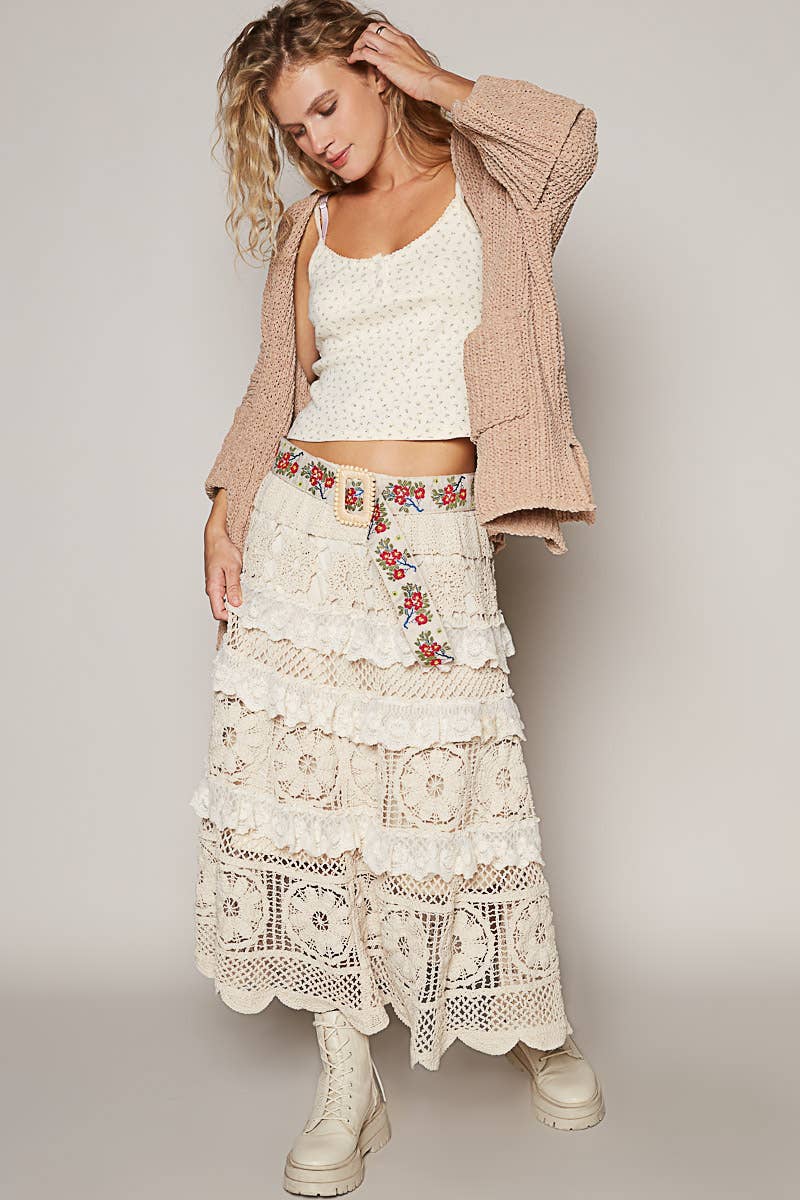 Floral pattern print square buckle belt: CREAM/RUBY / OS