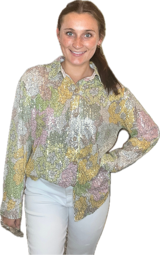 Sequined Floral Button Up