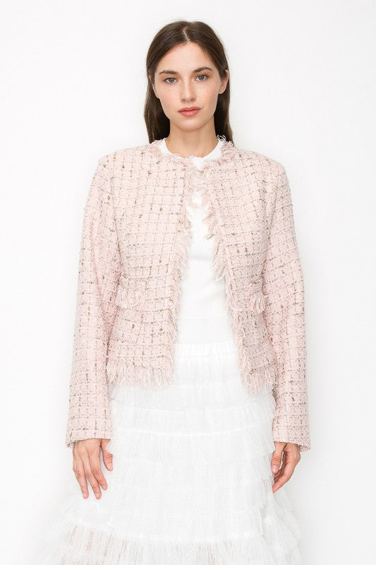 Fringed Plaid Check Tweed Jacket pink