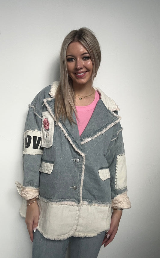 Color blocked twill patch studded back heart jacket