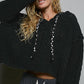 Oversize Fit V-neck Hooded Cable Knit Chenille Sweater  Black / L