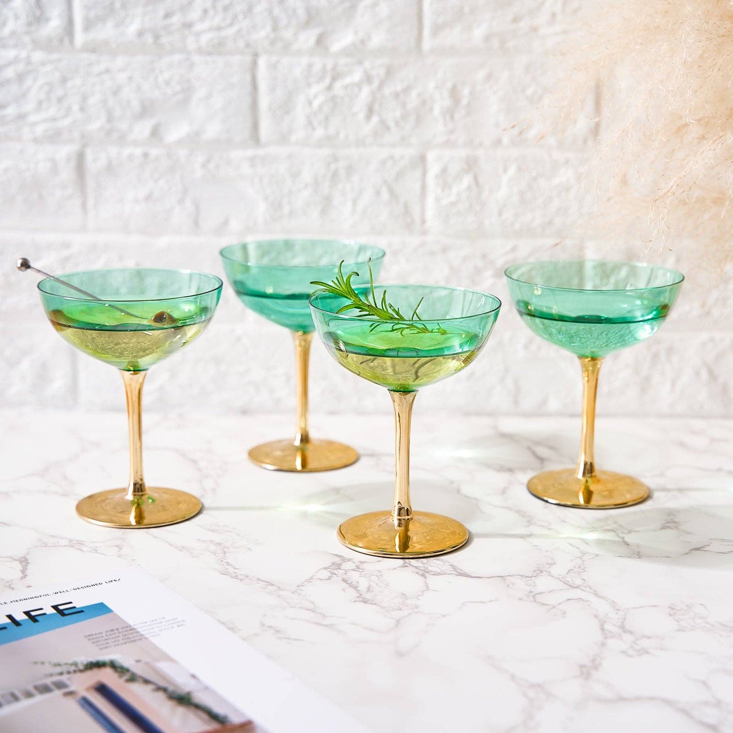 Gold & Green Coupe Art Deco Glasses, Gold | Set of 4 | 12 oz