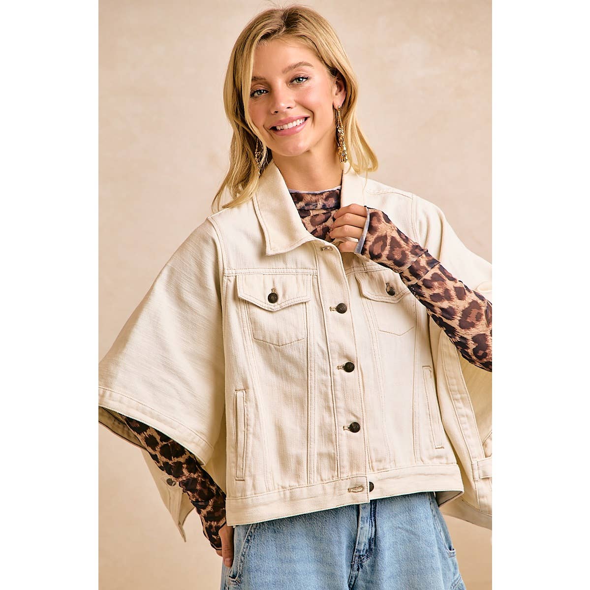 Preorder IVORY OVERSIZED CAPE SLEEVE CROPPED DENIM JACKET: IVORY