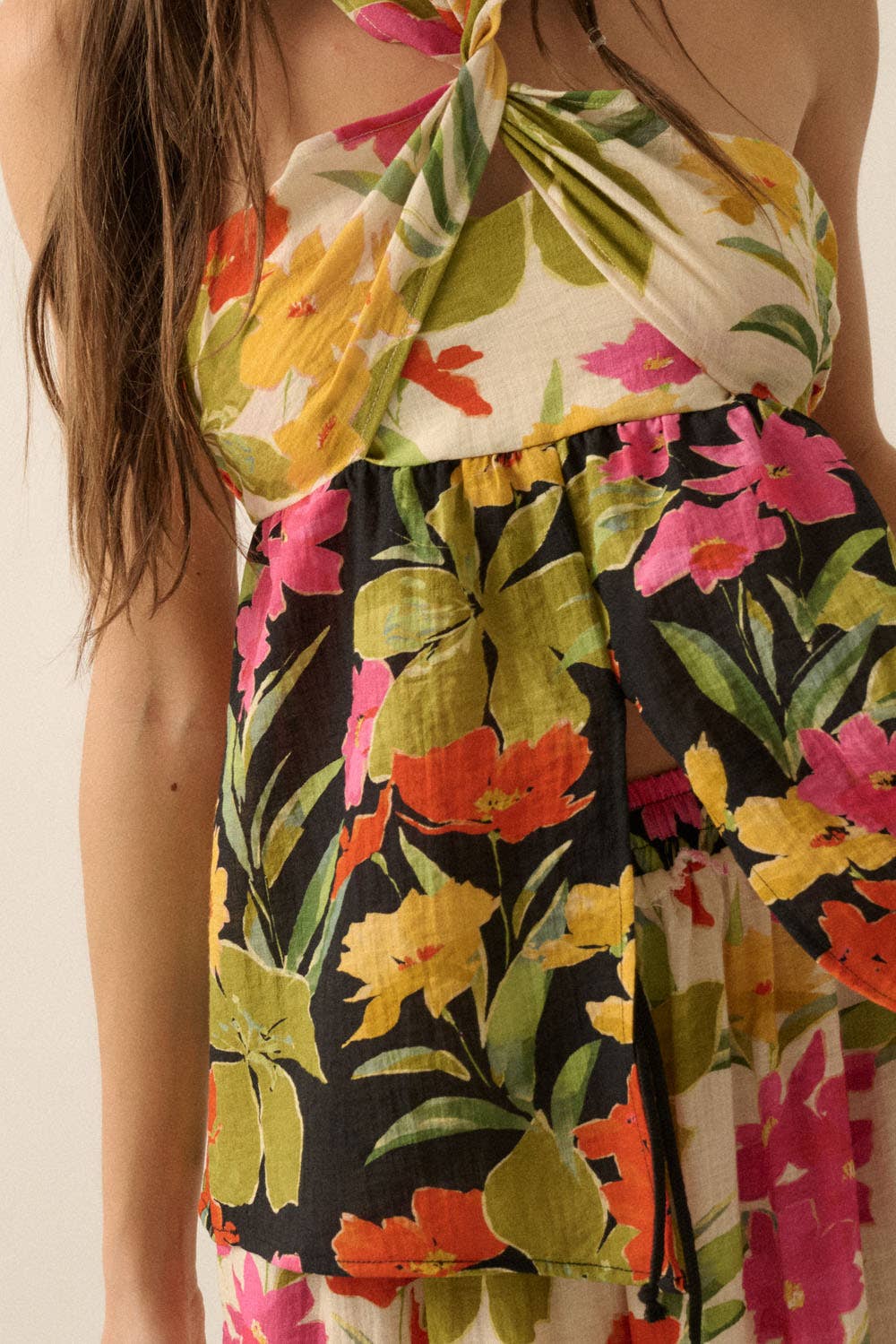 Two-Tone Floral Convertible Flyaway Halter Top
