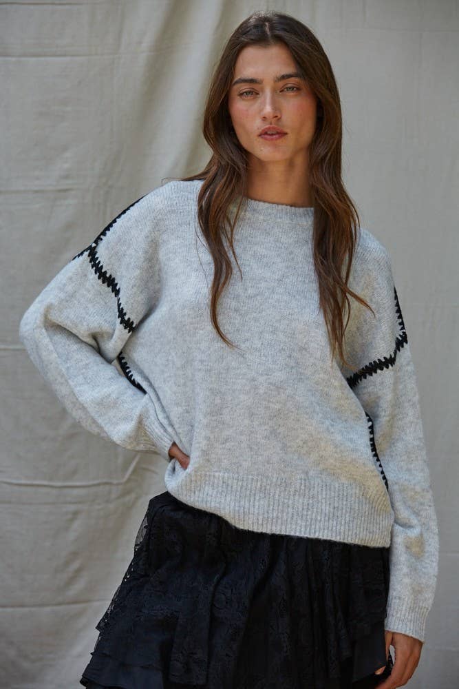 | Knit Sweater Stitch Detailed Crew Neck Pullover : Light Heather Grey