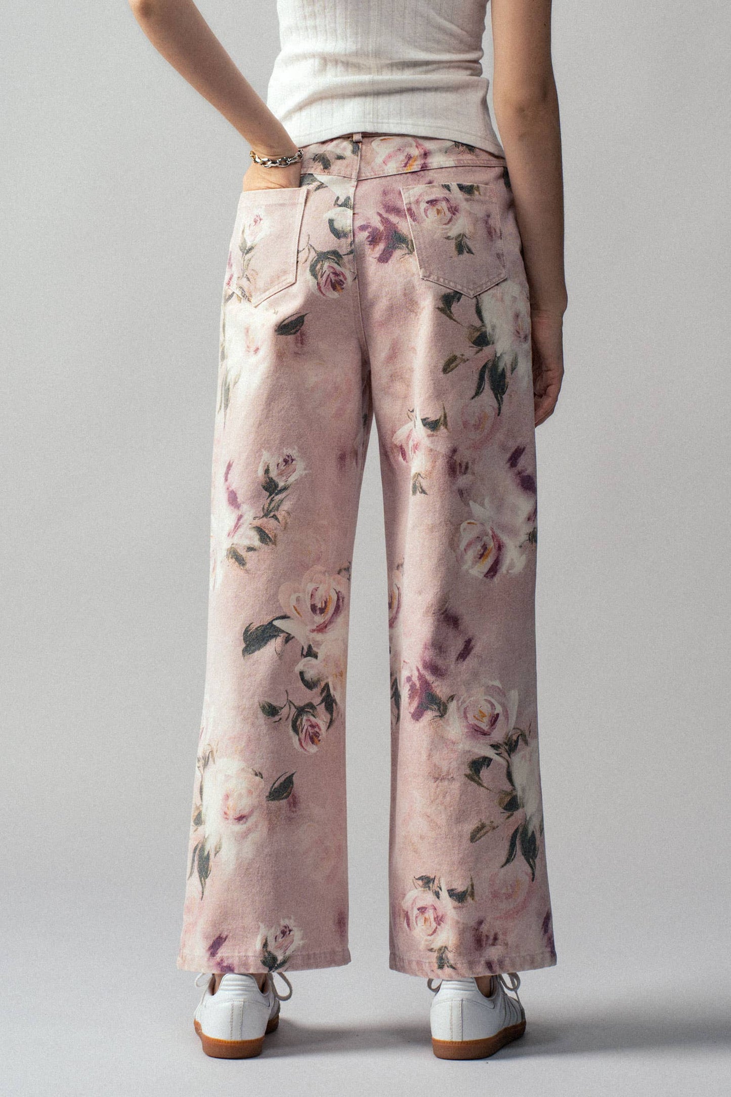Rose Print High-Rise Denim Pants