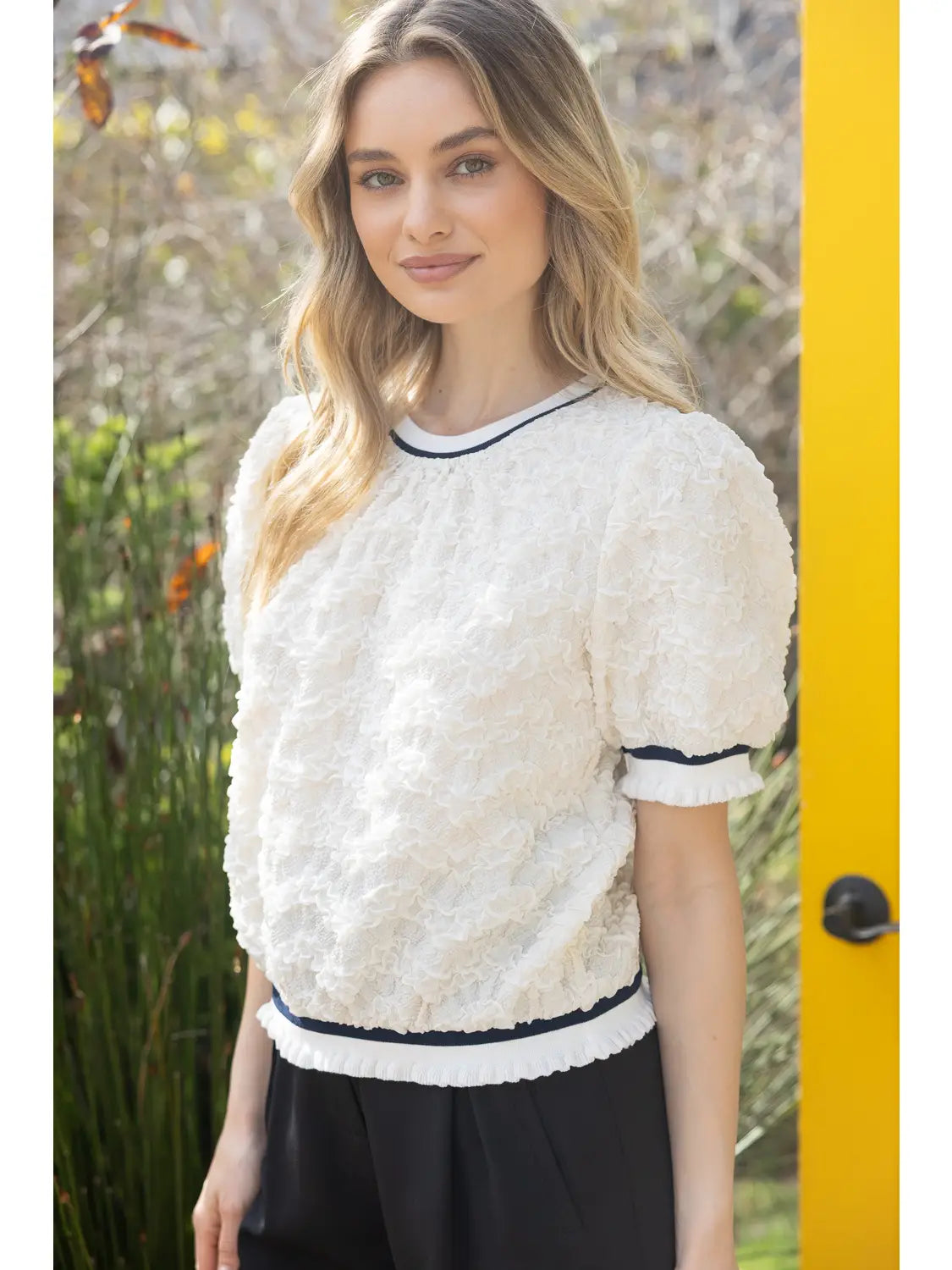 Short Puff Sleeve with Stripe Trim