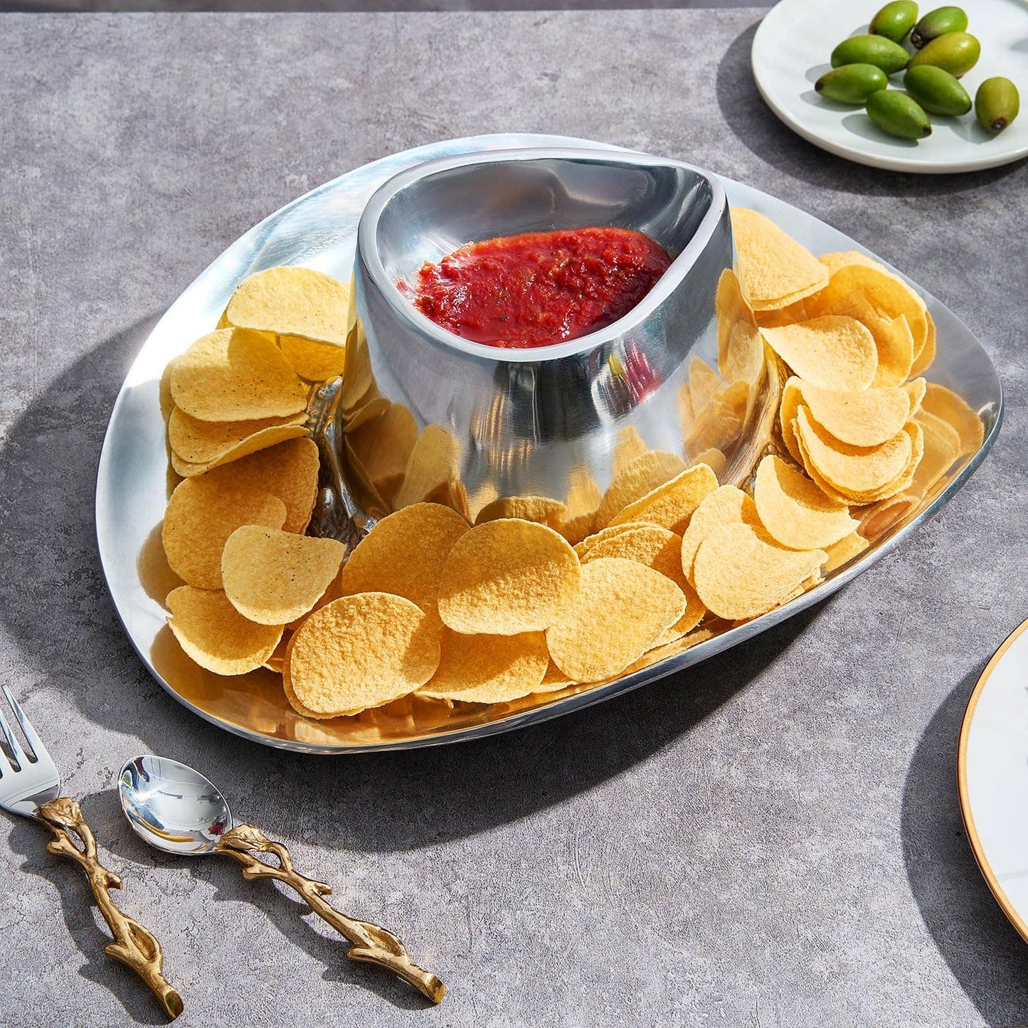 Western Cowboy Hat Chip & Dip Bowl – Silver Brass