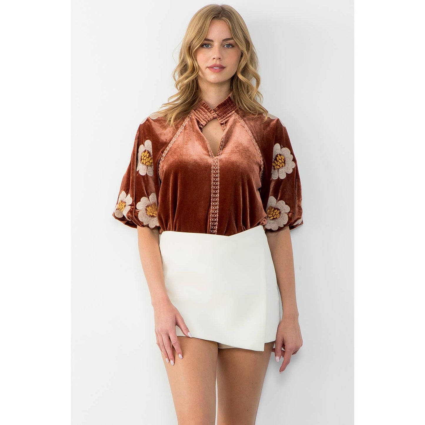 Embroidered Puff Sleeve Velvet Top: RUST