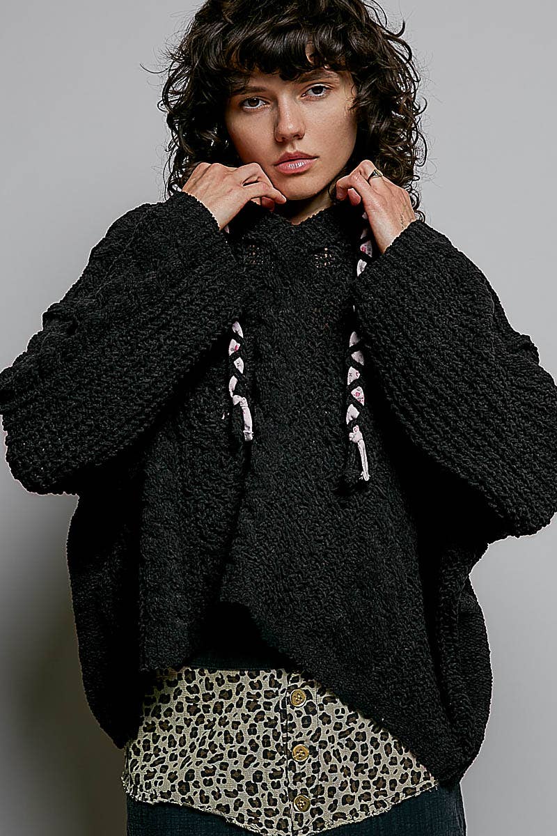 Oversize Fit V-neck Hooded Cable Knit Chenille Sweater  Black / L