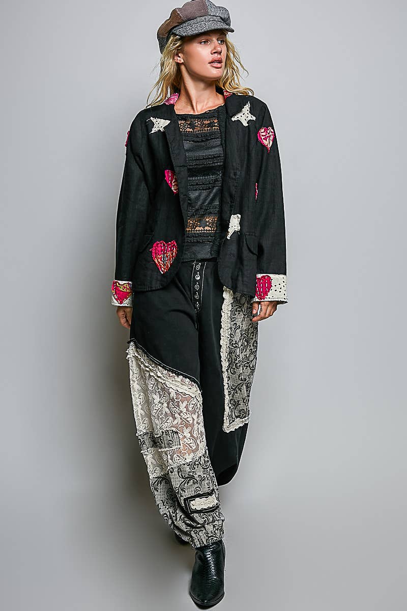 Notched Collar Star & Heart Applique Relaxed Blazer Jacket: Black / S