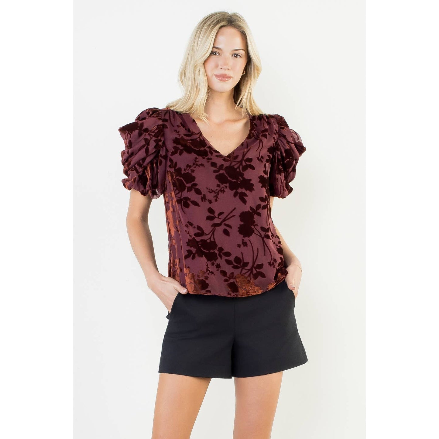 Puff Sleeve Velvet Detailed Top: BURGUNDY