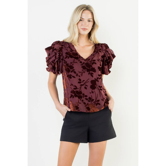 Puff Sleeve Velvet Detailed Top: BURGUNDY